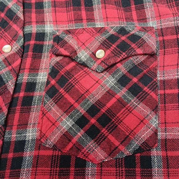 Wrangler Wrancher Mens Large Flannel Shirt Red Plaid Western Pearl Snap Cowboy - Picture 10 of 14